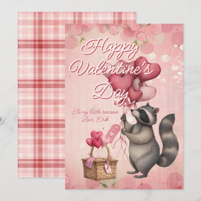 Cartão De Festividades Custom Message Raccoon Animal Valentines Day (Frente/Verso)
