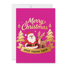 Custom Name Red Gold Santa Reindeer Christmas Card