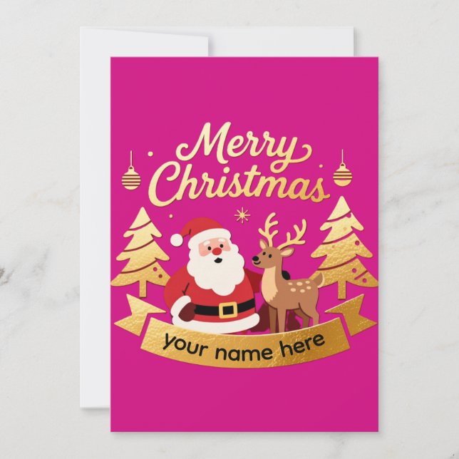 Cartão De Festividades Custom Name Red Gold Santa Reindeer Christmas Card (Frente)