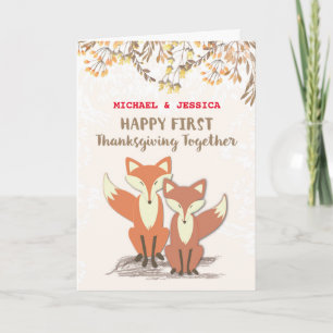 Cartão De Festividades Custom Names Newlyweds 1st Thanksgiving Foxes