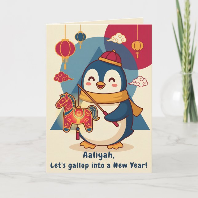 Cartão De Festividades Custom Penguin Celebrating Lunar New Year (Frente)