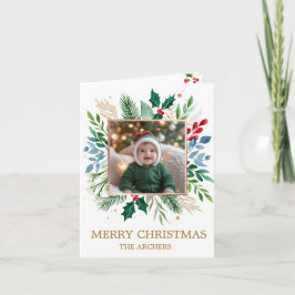 Cartão De Festividades Custom Photo Merry Christmas Watercolor Botanical
