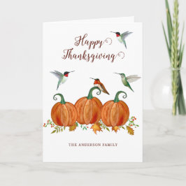Cartão De Festividades Custom Thanksgiving Hummingbirds and Pumpkins