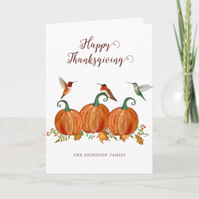 Cartão De Festividades Custom Thanksgiving Hummingbirds and Pumpkins (Frente)