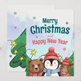 Cartão De Festividades Cute Animal Watercolor Christmas Blue color