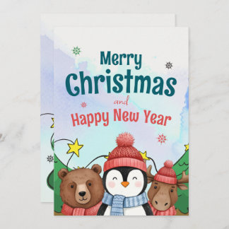 Cartão De Festividades Cute Animal Watercolor Christmas Blue color