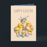 Cartão De Festividades Cute Baby Chicks Easter Holiday Greeting Card<br><div class="desc">This adorable Easter card features three fluffy baby chicks gathered around colorful pastel eggs, with the sweetest one wearing a delicate floral crown. The warm peach background and vintage-style illustration give this card an irresistible old-fashioned charm perfect for Easter. It's a wonderful card to send to kids, grandparents, or anyone...</div>