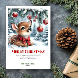 Cartão De Festividades Cute Baby Deer Christmas Scene Watercolor Greeting