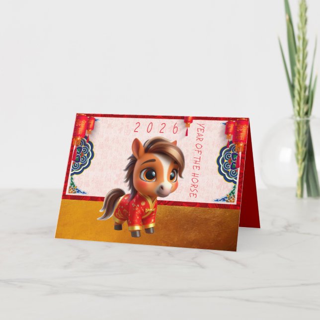 Cartão De Festividades Cute Baby Horse Chinese New Year 2026 with texts G (Frente)