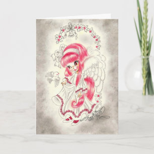 Cartão De Festividades Cute Big Eye Angel With Red Hair And Holly