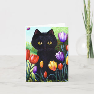 Cartão De Festividades Cute Black Cat Art Tulips Flowers Creationarts