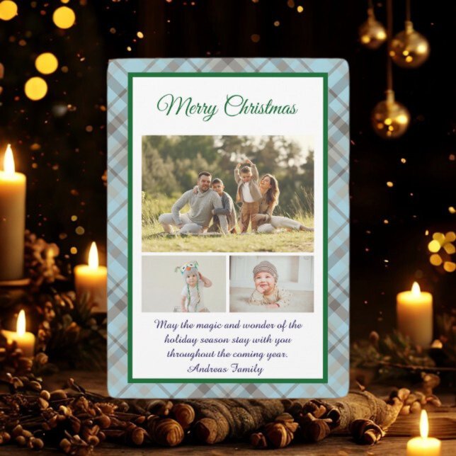 Cartão De Festividades Cute Blue Plaid Portrait Photo Christmas  (Criador carregado)