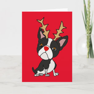 Cartão De Festividades Cute Boston Terrier with Reindeer Antlers Cartoon