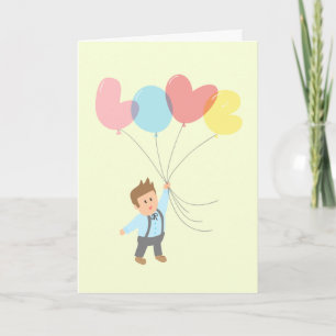 Cartão De Festividades Cute Boy with Letter Balloons that Spell Love
