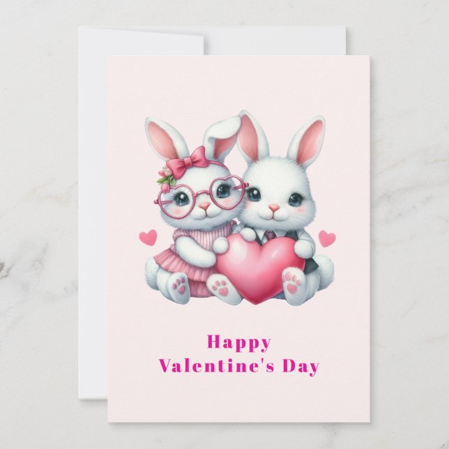 Cartão De Festividades Cute Bunnies Sharing a Heart Valentine's (Frente)