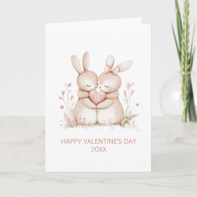 Cartão De Festividades Cute Bunny Couple Personalized Valentines Day (Frente)