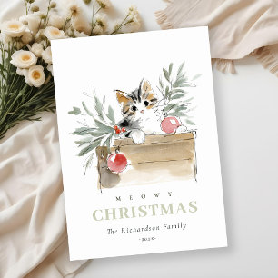 Cartão De Festividades Cute Caixa de Natal Meowy de Aquarela Moderna Gato
