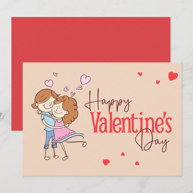 Cartão De Festividades Cute Cartoon Couple Hugging Happy Valentine's Day  (Frente/Verso)