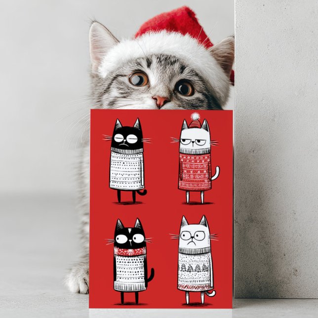 Cartão De Festividades Cute Cartoon Funny Cats Lover Red Meowy Christmas  (Criador carregado)