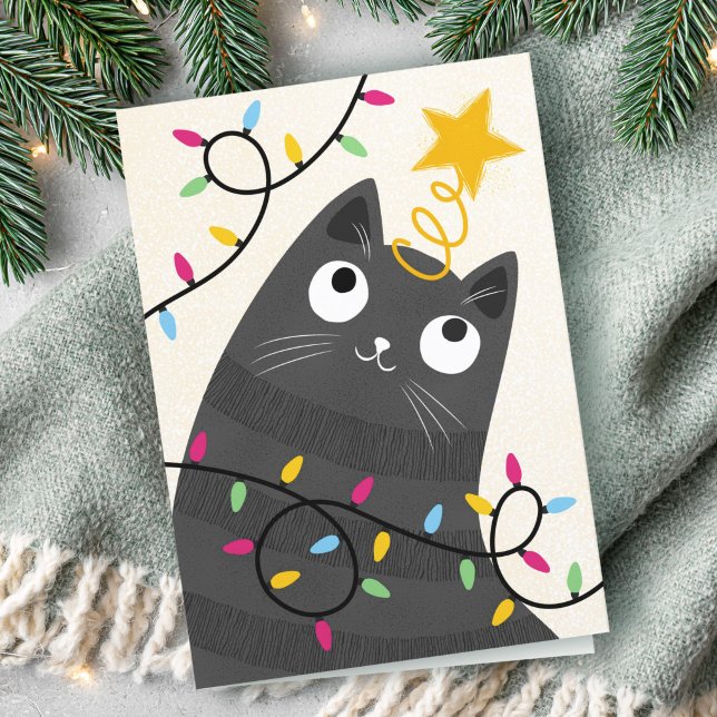 Cartão De Festividades Cute cat with lights and tree-topper Christmas (Cute cat with lights and tree-topper Christmas Holiday Card)