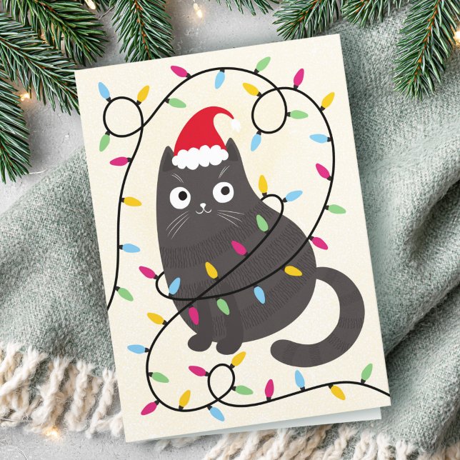 Cartão De Festividades Cute cat with Santa hat and lights Christmas (Cute cat with Santa hat and lights Christmas Holiday Card)
