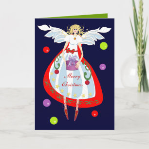 Cartão De Festividades Cute Christmas Angel with Gift & Text card