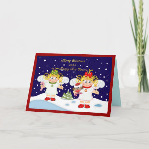 Cartão De Festividades Cute Christmas angels and golden text card