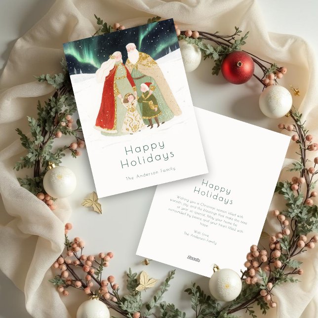 Cartão De Festividades Cute Christmas Aurora Borealis Nordic Family (Cute Christmas Aurora Borealis Nordic Family Holiday Cards. )