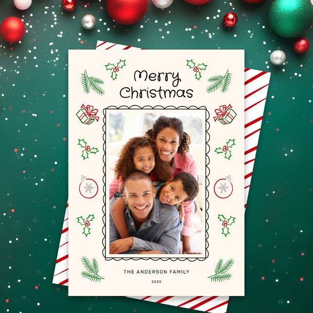 Cartão De Festividades Cute Christmas Doodles Photo ChristmasHoliday Card (Criador carregado)