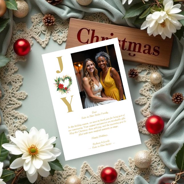 Cartão De Festividades Cute Christmas Heart Floral Wreath Gold Business (Cute Christmas Heart Floral Wreath Gold Business Business Holidays Cards with Photo.)