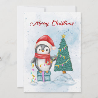 Cartão De Festividades Cute Christmas Penguin Decorating Tree with Lights