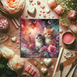 Cartão De Festividades Cute Colorido Dia dos Namorados Gatos Flores Aquar