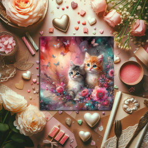 Cartão De Festividades Cute Colorido Dia dos Namorados Gatos Flores Aquar