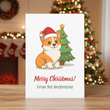Cute Corgi Dog in a Red Hat with Christmas Tree