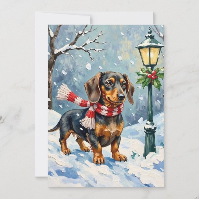 Cartão De Festividades Cute Dachshund Puppy Cozy Winter Scarf Art (Frente)