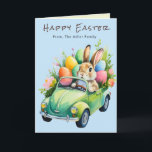 Cartão De Festividades Cute Easter Bunny Driving Car Greeting Card<br><div class="desc">Send springtime smiles with this delightfully whimsical Easter greeting card! Featuring an adorable watercolor bunny driving a vintage green Volkswagen-style car overflowing with colorful Easter eggs and fresh blooms, this design blends retro charm with cute critter appeal. Both front and interior text are fully editable—customize "The Miller Family" and the...</div>