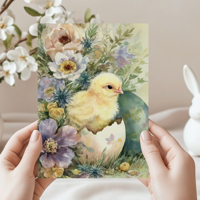Cartão De Festividades Cute Easter Chick Spring Wildflowers Watercolor (Criador carregado)