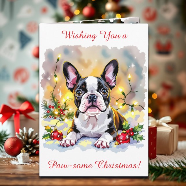 Cartão De Festividades Cute Festive Boston Terrier Personalized Christmas (Criador carregado)