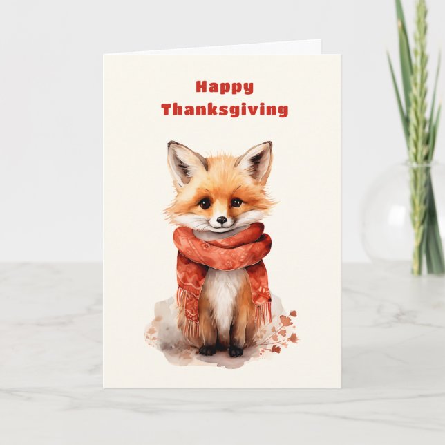 Cartão De Festividades Cute Fox Pup in a Red Scarf Thanksgiving (Frente)