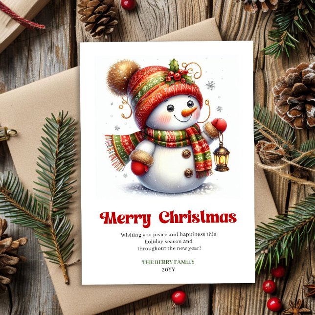Cartão De Festividades Cute funny snowman red green gold holiday card  (Cute funny snowman red green gold holiday card printable)