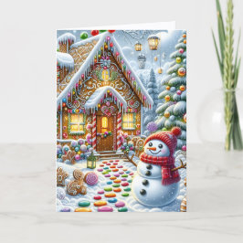 Cartão De Festividades Cute Gingerbread House with Snowman Christmas