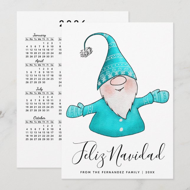 Cartão De Festividades Cute Gnome Azul Turquesa Feliz Navidad Calendário  (Frente/Verso)