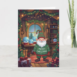 Cartão De Festividades Cute Gnome Em Uma Oficina De Globo De Neve