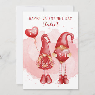 Cartão De Festividades Cute Gnomos Corações Inicial Personalizada Dia dos