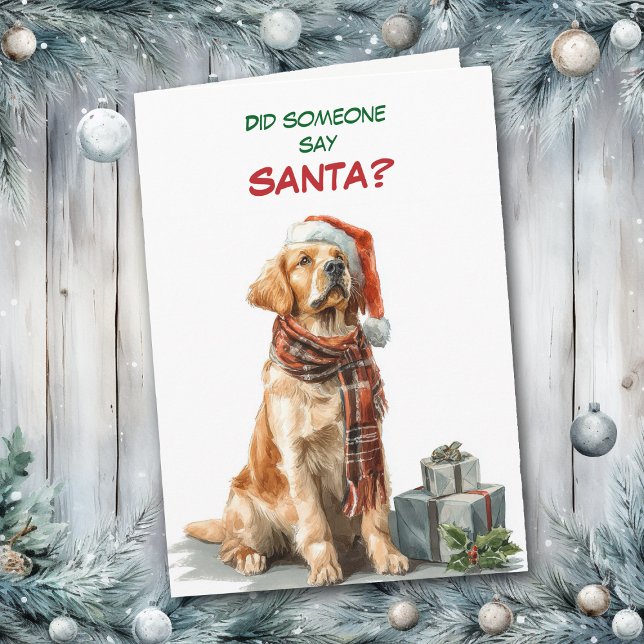 Cartão De Festividades Cute Golden Retriever Looks for Santa (Criador carregado)