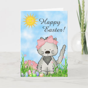 Cartão De Festividades Cute Grey Kitten and Colorful Eggs Cat Easter