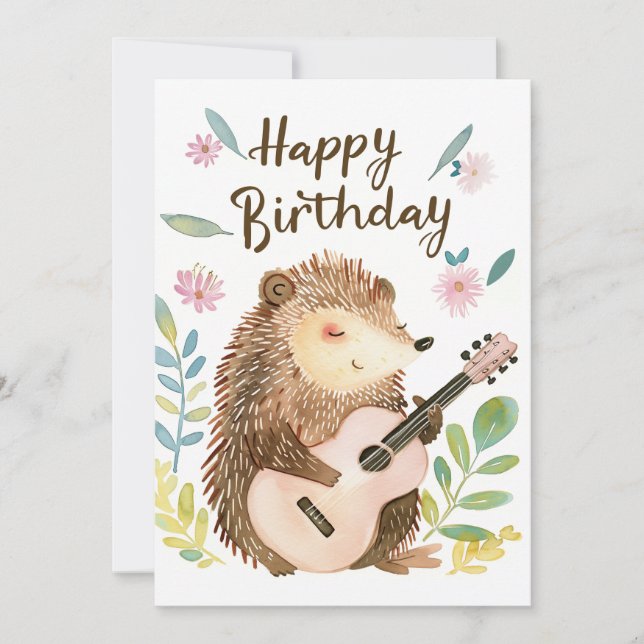 Cartão De Festividades Cute Hedgehog tocando violão Aniversário (Frente)