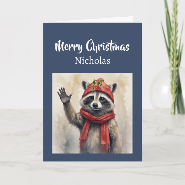 Cartão De Festividades Cute Hi & Merry Christmas Cute Raccoon Animal (Frente)