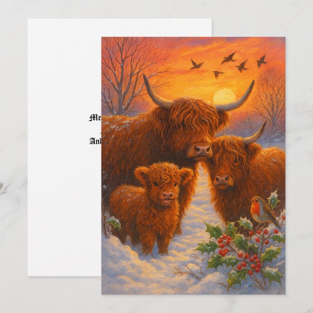 Cartão De Festividades Cute Highland Cow Family In Snowy Woodland Sunset (Frente/Verso)