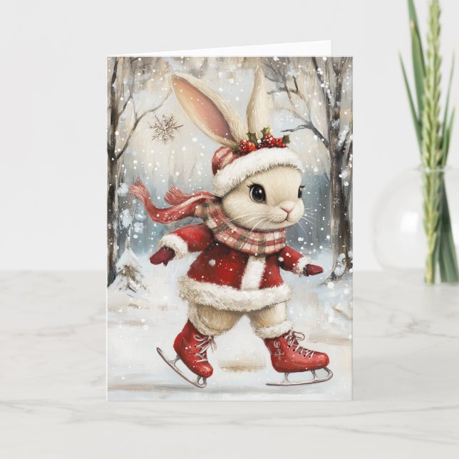 Cartão De Festividades Cute Ice Skating Baby Bunny Christmas (Frente)
